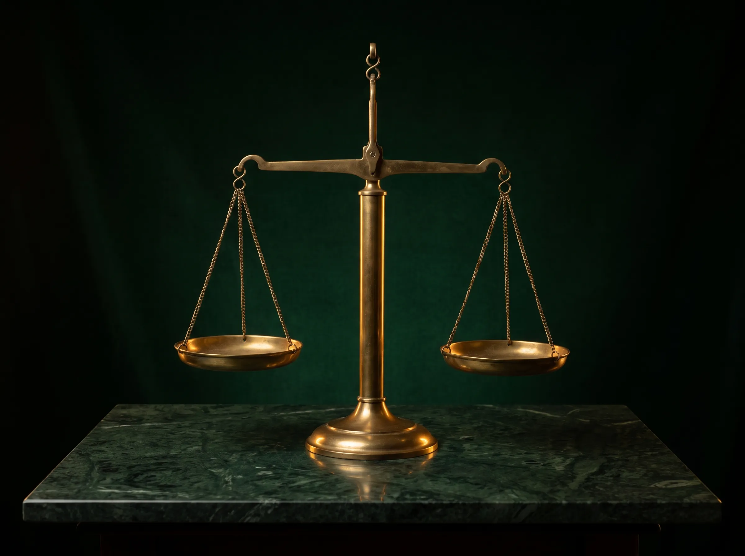 An antique brass balance scale, perfectly level, on dark green marble.