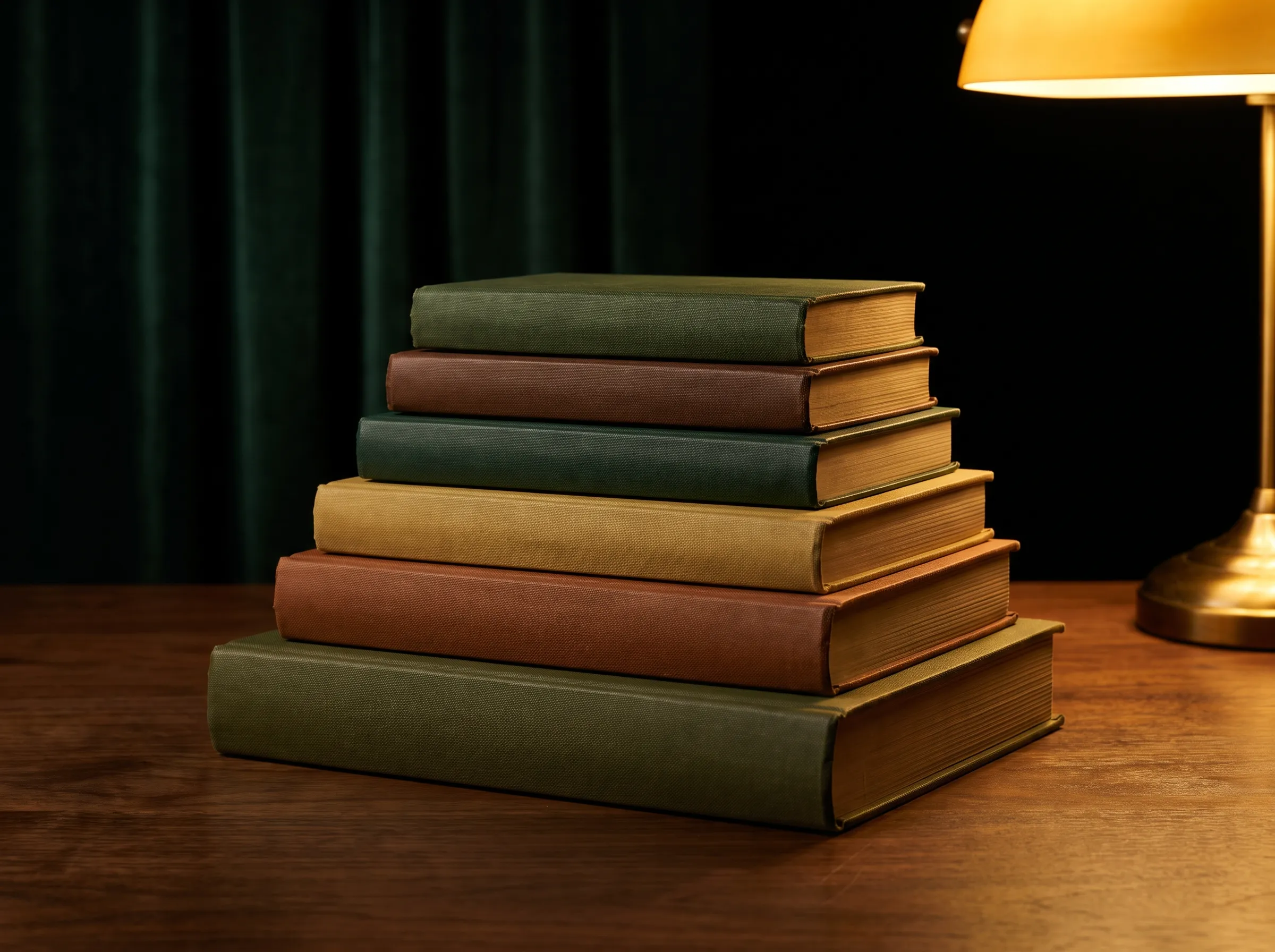 A staircase of plain cloth-bound books rising under warm lamplight.