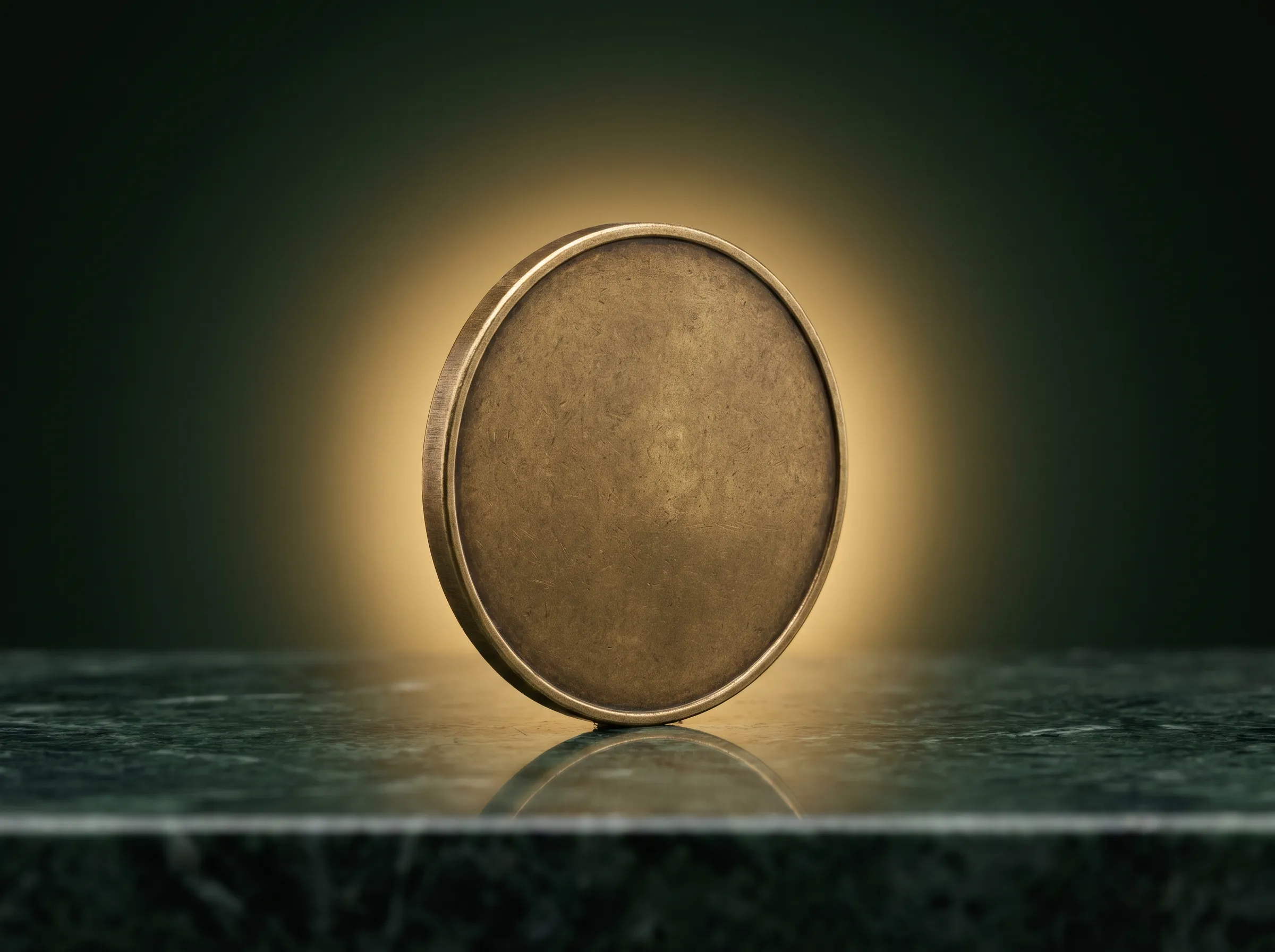 A single antique brass coin standing upright on green marble, lit by a warm glow.