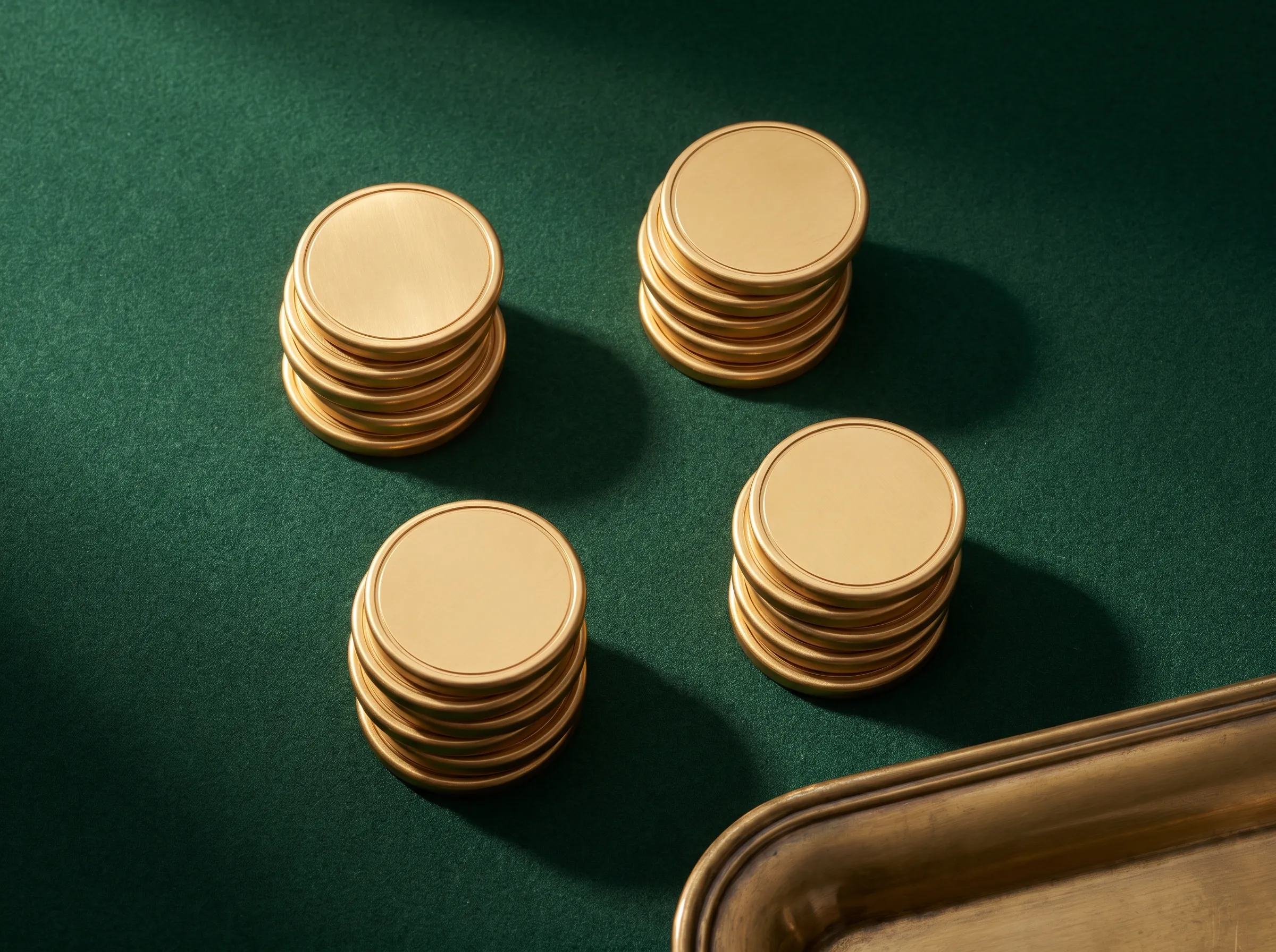 Four neat piles of plain gold coins on deep green felt beside a brass tray — money divided into four jobs.