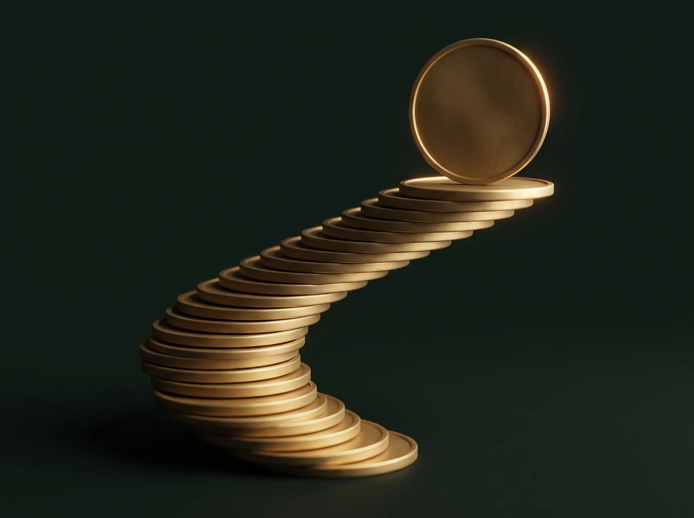 A staircase built from ascending stacks of plain gold coins on a deep green backdrop, one coin standing upright at the top.