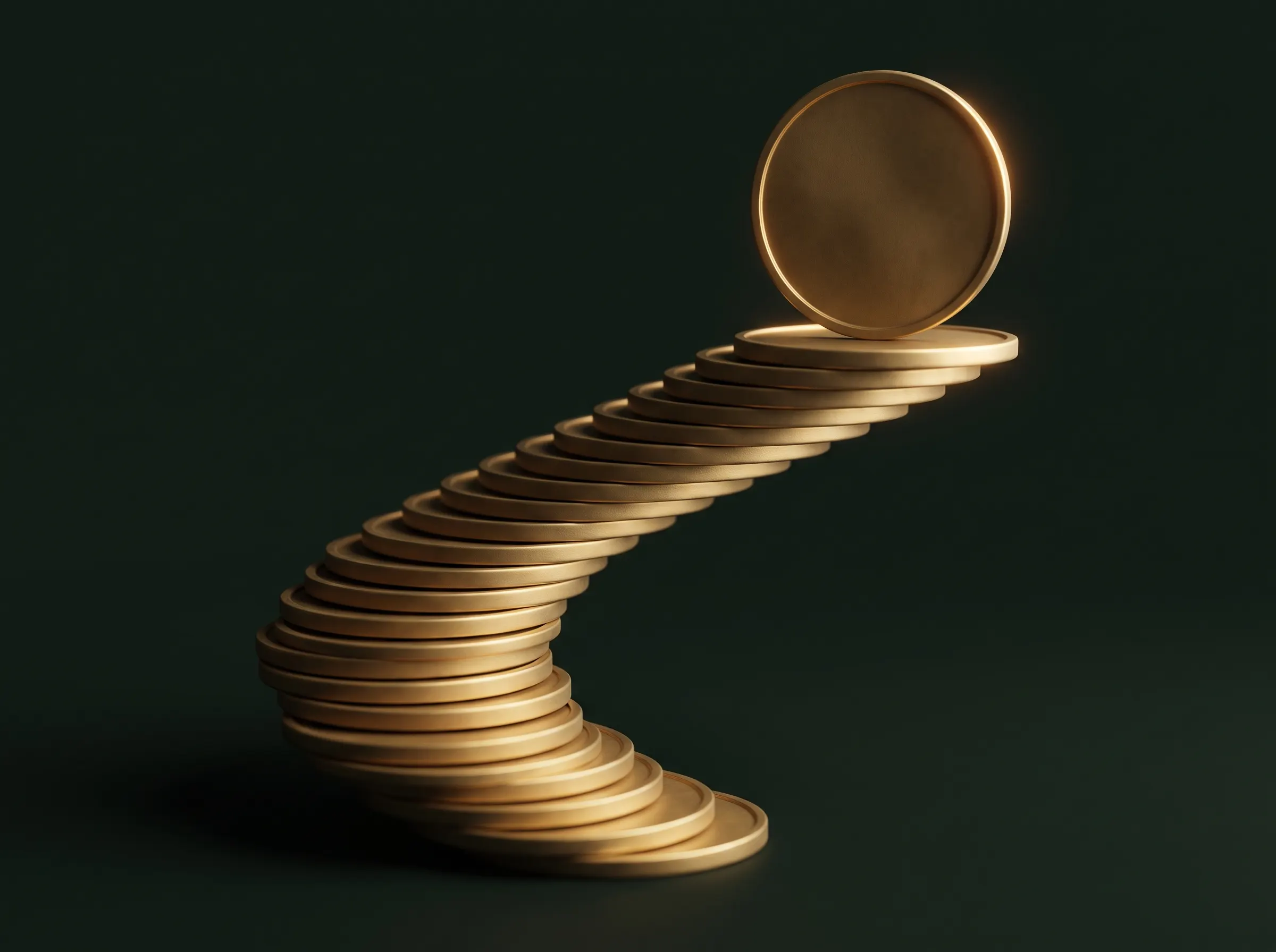 Gold coins stacked into a rising staircase on deep green, lit from the side.