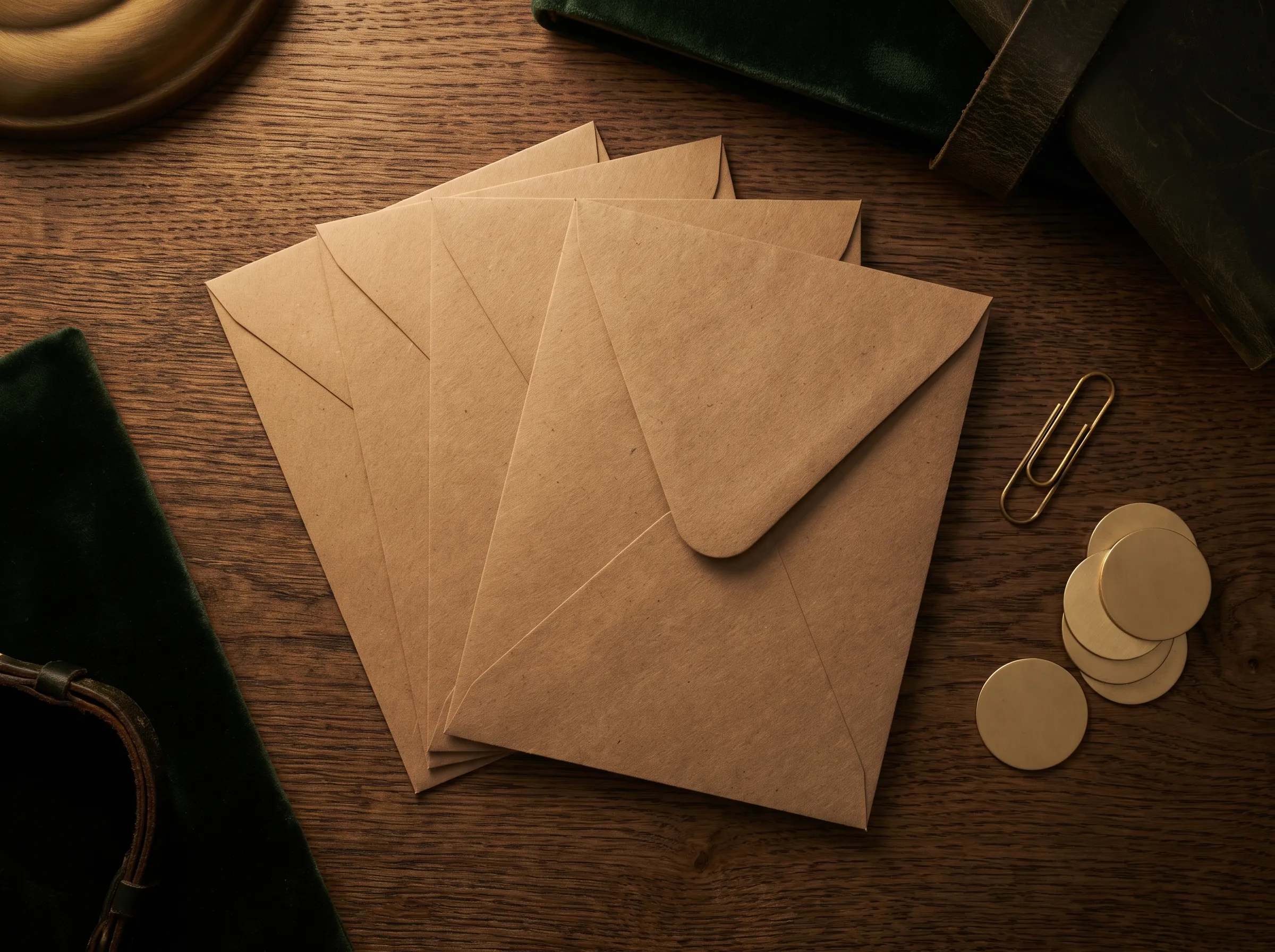 Four plain kraft envelopes fanned on a dark oak desk beside a brass clip and a small stack of plain coins.