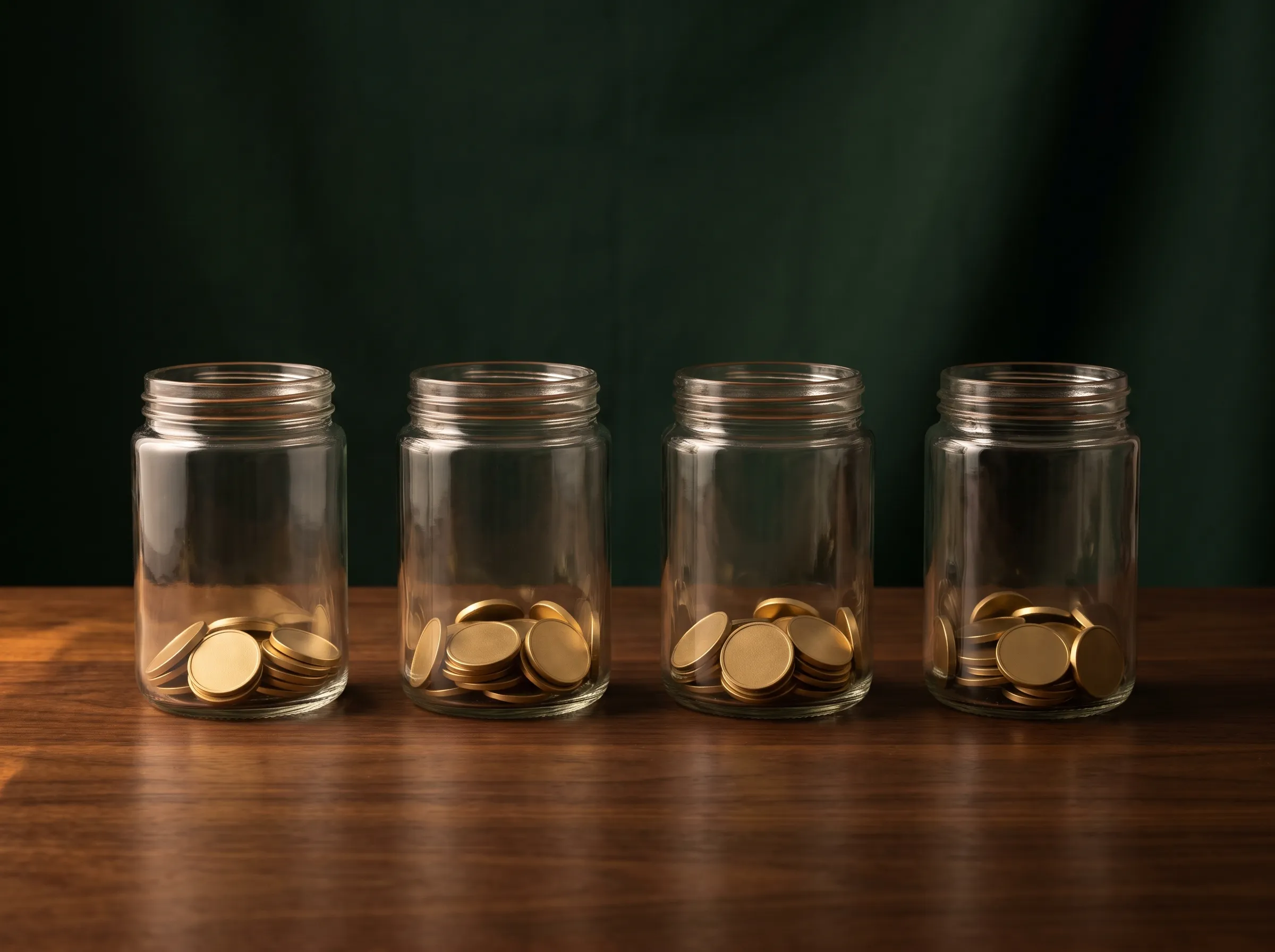 Four plain glass jars in a row on a walnut table, each holding a few plain gold coins, against a deep green backdrop.