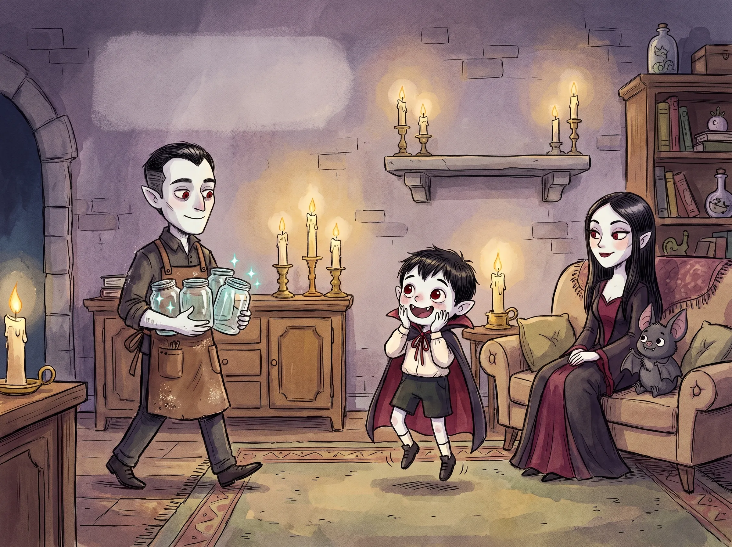 Papá Héctor carries four glass jars into the candlelit sitting room while Vlad jumps with excitement.