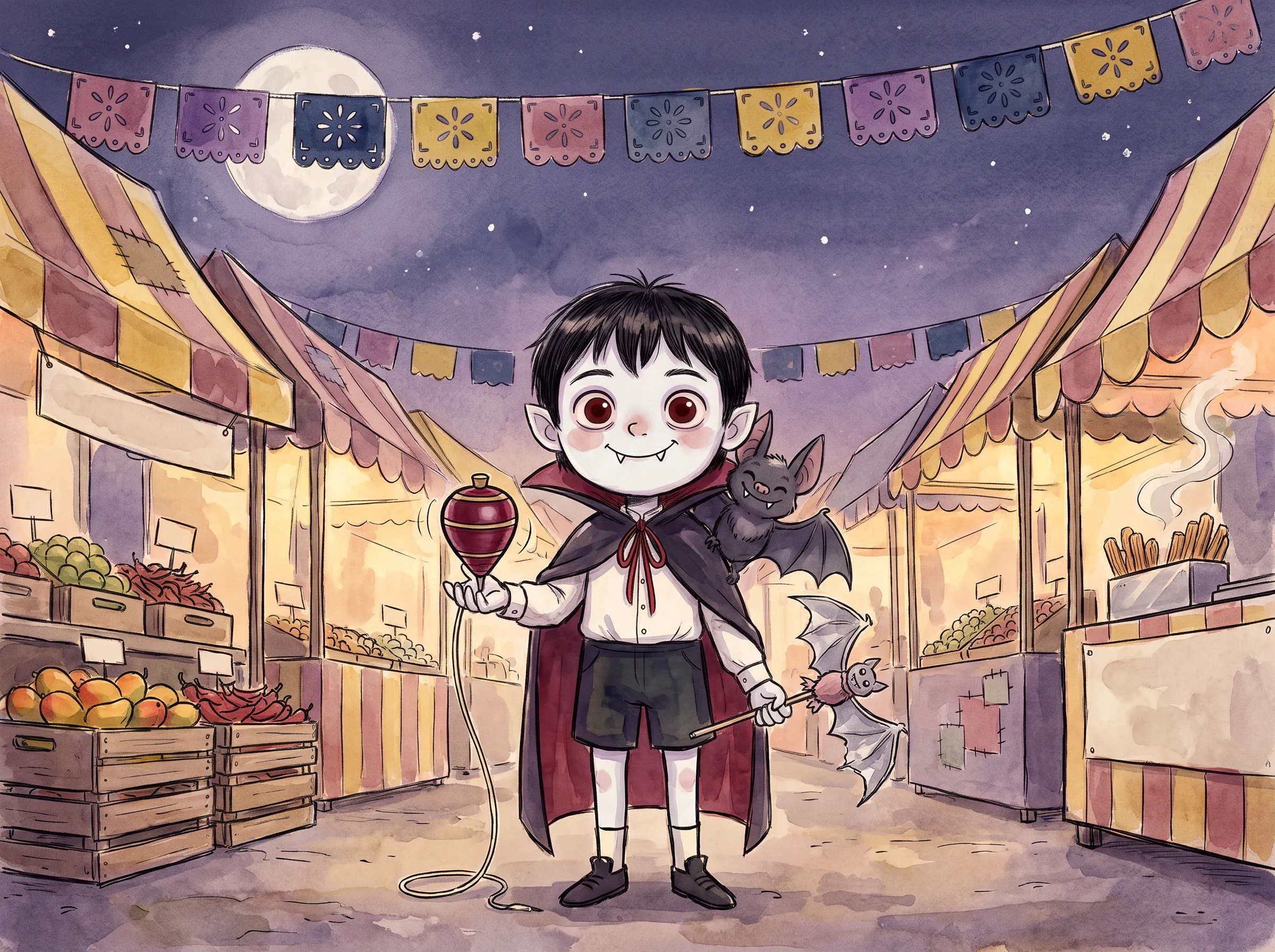 Vlad spins a trompo between the stalls of the moonlit market.