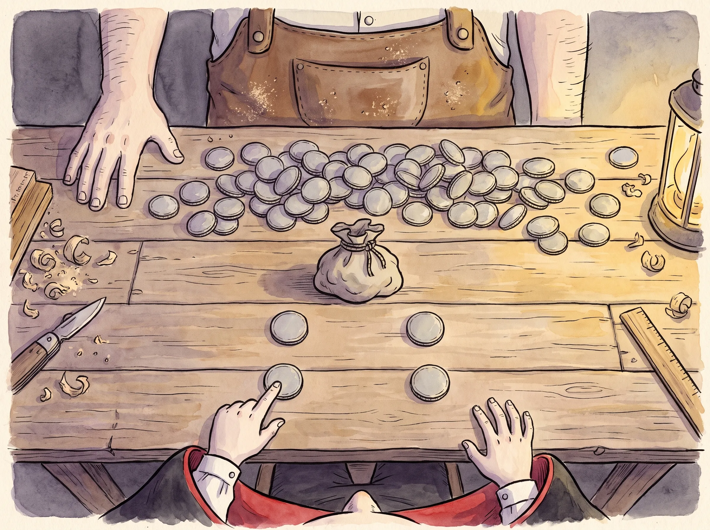 A month's coins spread on the workshop bench, ready to be given their jobs.