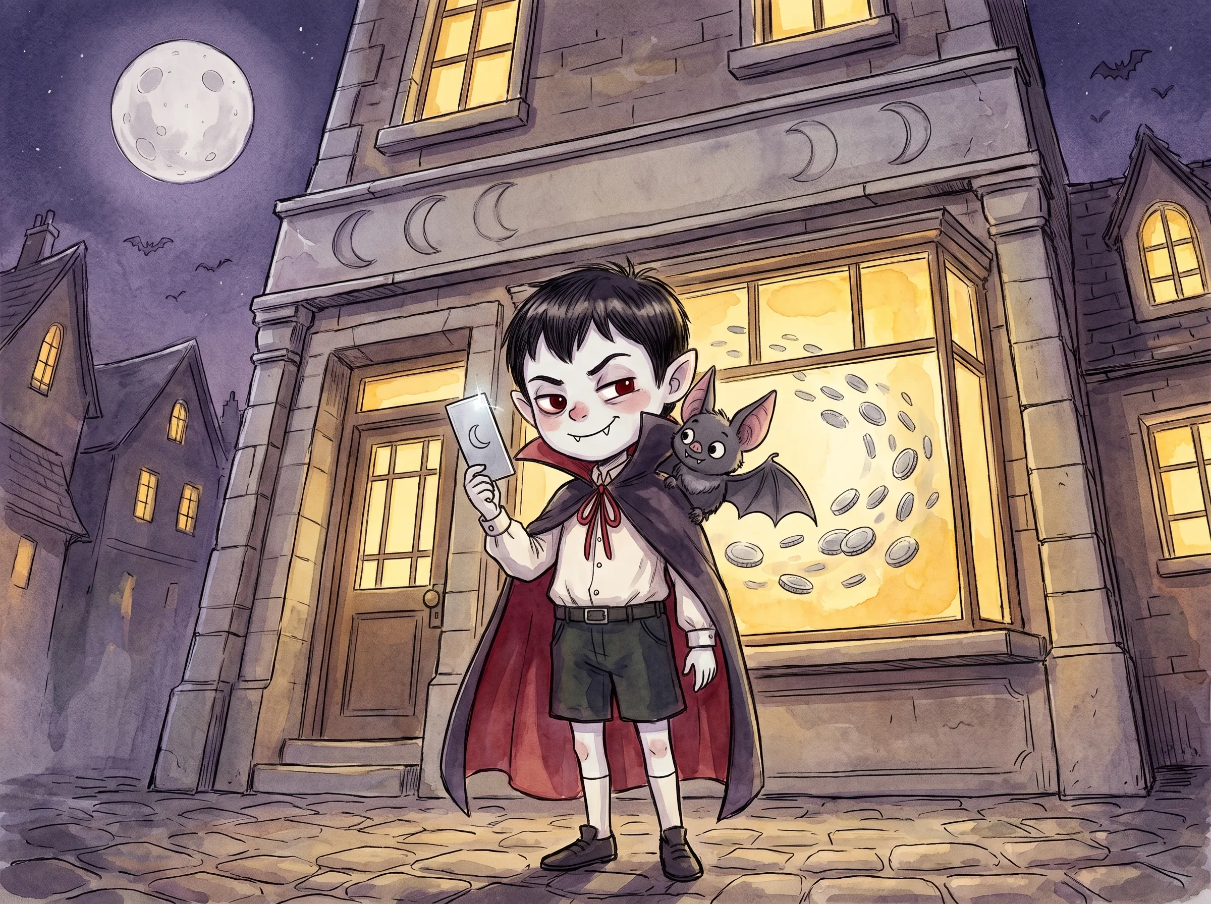 Vlad holds a silver card outside the money machine, coins swirling behind the glass.