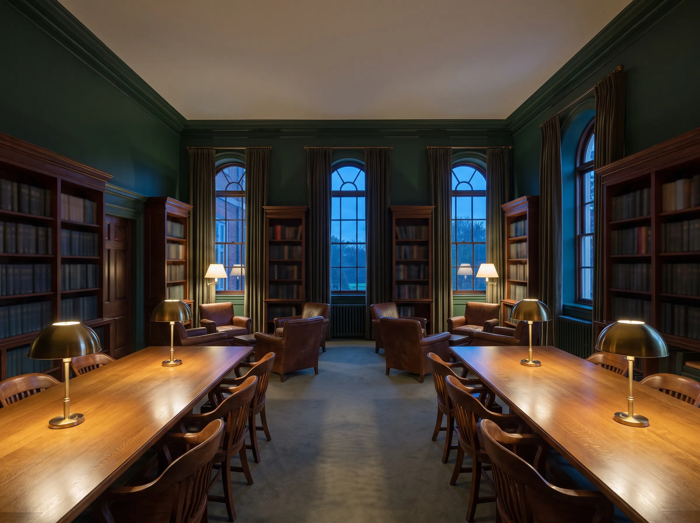 An elegant school library at dusk: deep green walls, brass lamps casting warm light on long oak tables.