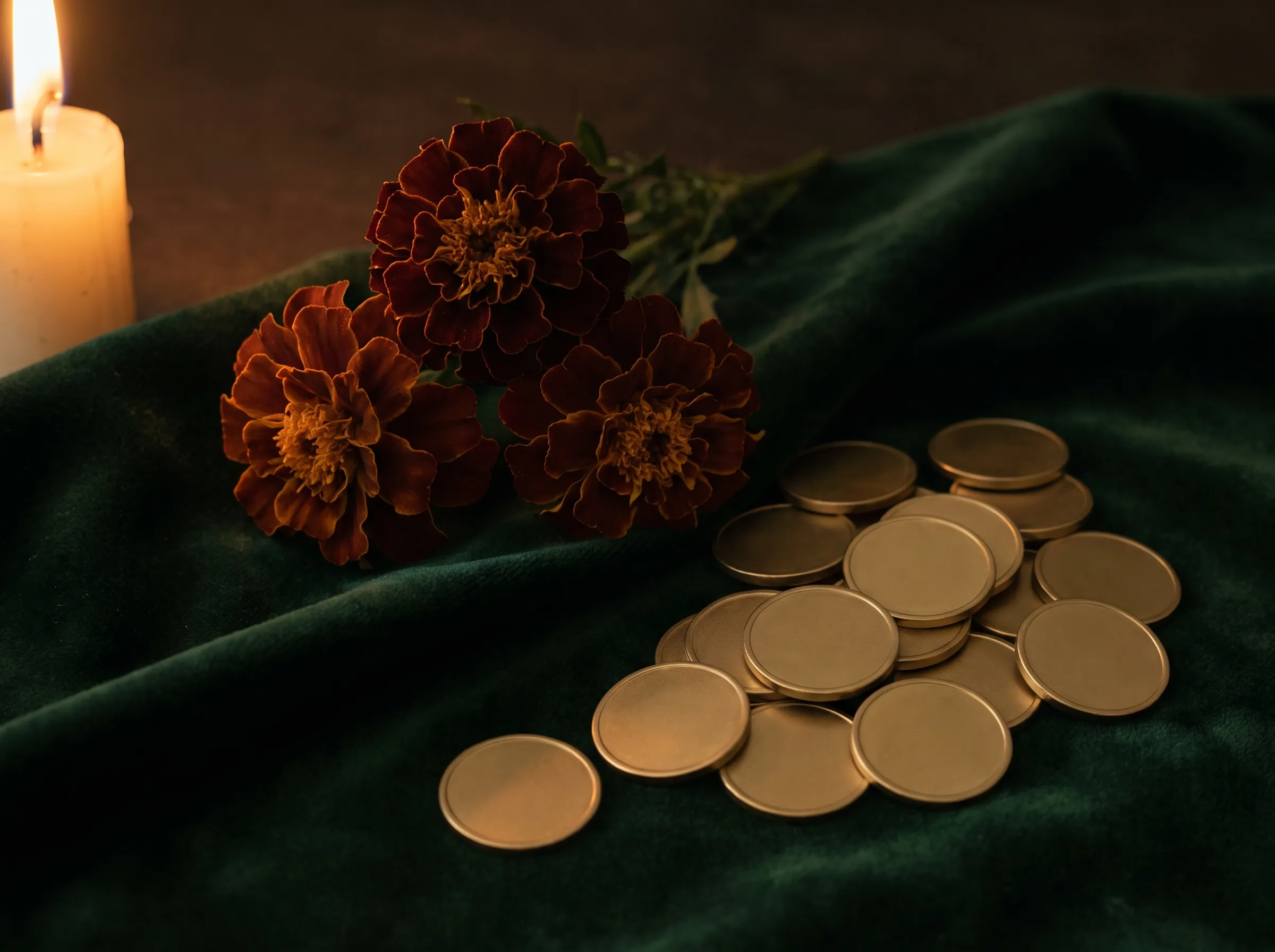 Flores de cempasúchil sobre terciopelo verde junto a un montón de monedas doradas, a la luz de una vela.